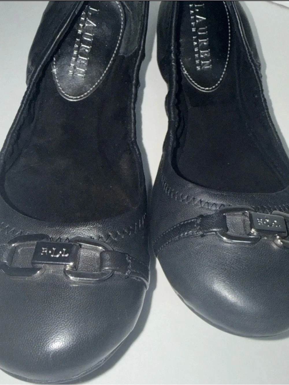 Lauren Ralph Lauren Black Leather Ballet Flats with Buckle Accent